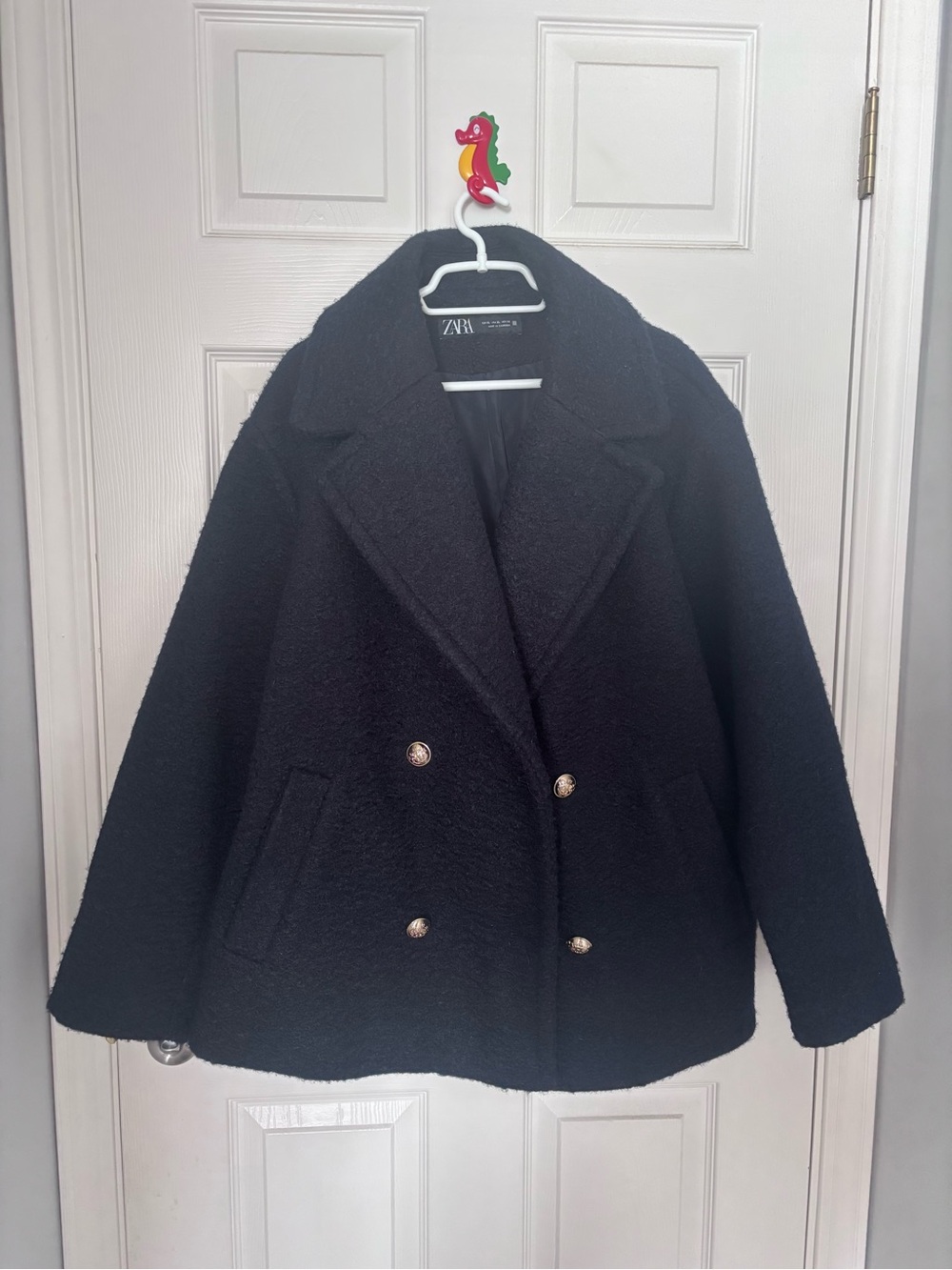 Zara Black Double-Breasted Bouclé Pea Coat with Decorative Buttons